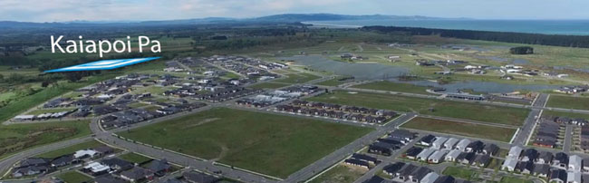 An aerial shot of Pegasus school, with Kaiapoi Pa highlighted