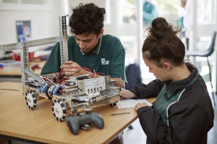 Students working on robotics project