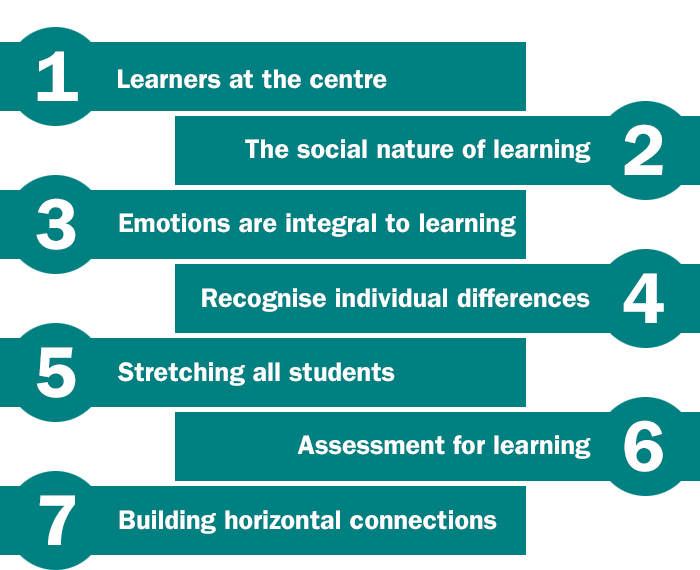 Thse seven principles of learning. 1 Learners at the centre, 2 The social nature of learning. 3 Emaotions are integral to learning, 4 Recognise individual differences, 5 Stretching all students, 6 Assessment for learning, 7 Building horizontal connections